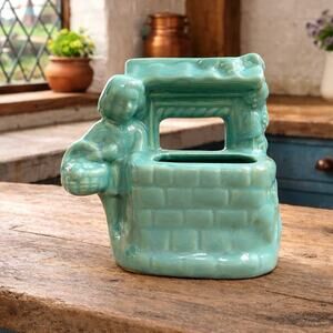 Vtg. Shawnee USA Ceramic Turquoise Girl Wishing Well Planter 50s Vase Cottage
